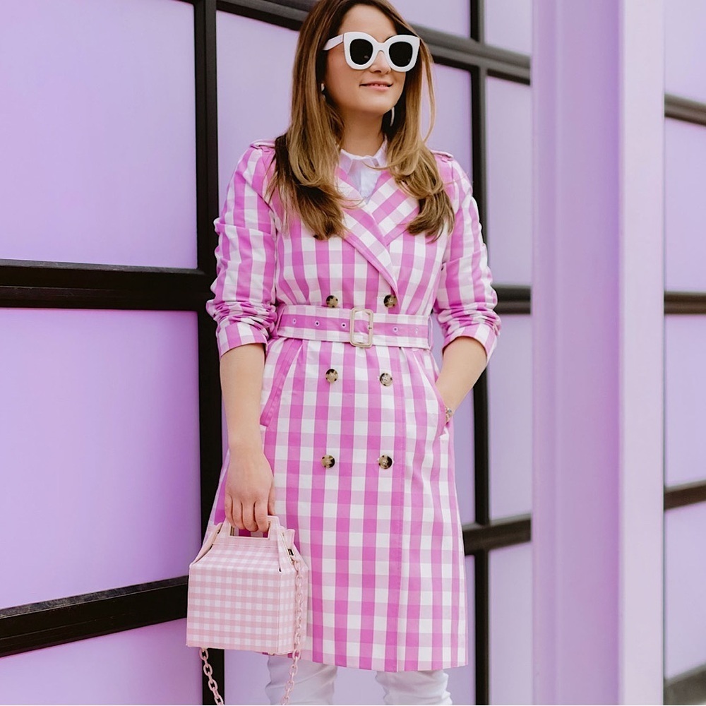 J.Crew Coat Trench Icon Gingham Plaid Purple Pink Spring Sz 6